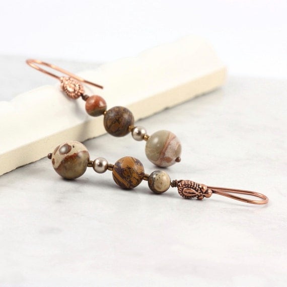Fall Fashion Jewelry Earrings Safari Jasper Brown Earth Tones Woodland Rustic Bronze