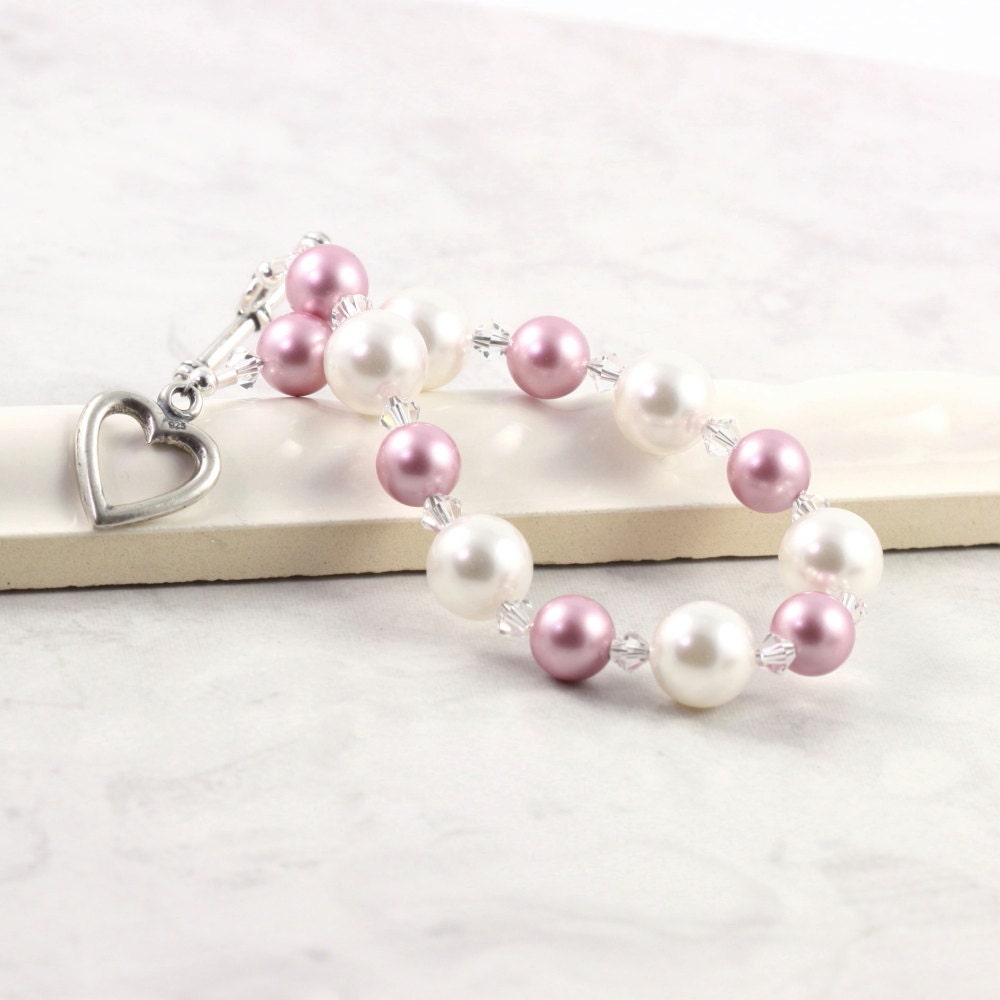 White Pearl Bracelet Pink Pastel Dusty Rose Mauve Crystal Bridal Jewelry Spring Fashion Sterling Heart Prom Jewelry