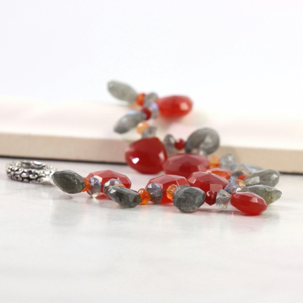 Chalcedony Bracelet Labradorite Gray Gemstone Pomegranate Carnelian Sterling Toggle Clasp