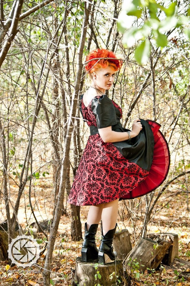 Retro Rockabilly Dress Bridesmaid Red and Black Damask - Ready to ship medium