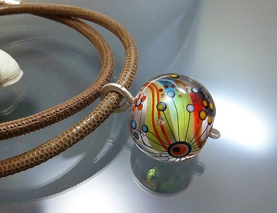 Melanie Moertel Lampwork Beads - Rainbow marble bead pendant incl 50 cm long leather cord with sterling silver clasp