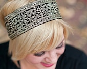 Black and Gold Leaf Headband Embroidered Gold Metallic Black Velvet