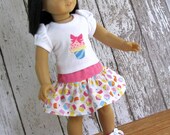 Birthday Cupcake - American Girl Doll Clothes Embroidered Top Twirl Skirt