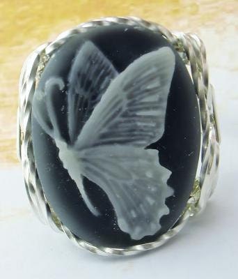 R942 Butterfly Cameo Ring Sterling Silver Fine Jewelry Grey