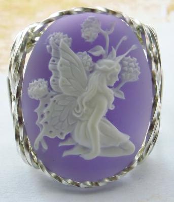 R423 Butterfly Fairy Cameo Ring Sterling Silver Lavender