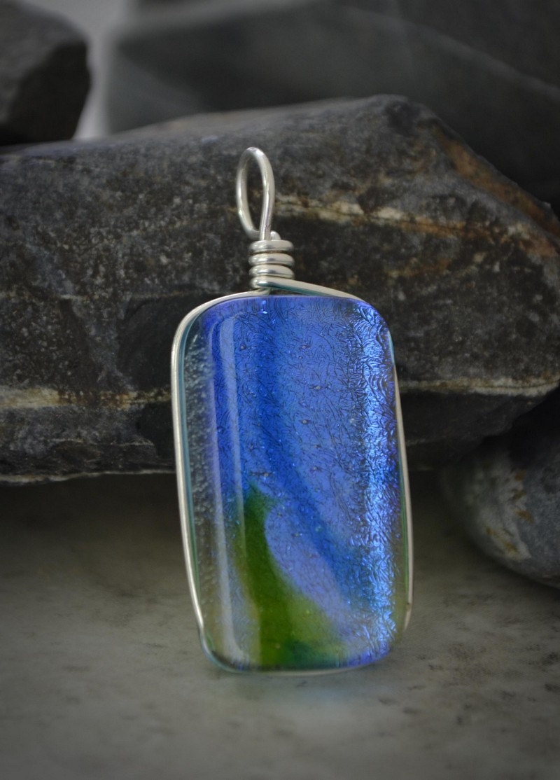 Dichroic Fused Glass Pendant - blue and green fused glass jewelry (by Meagan Chaney Gumpert)