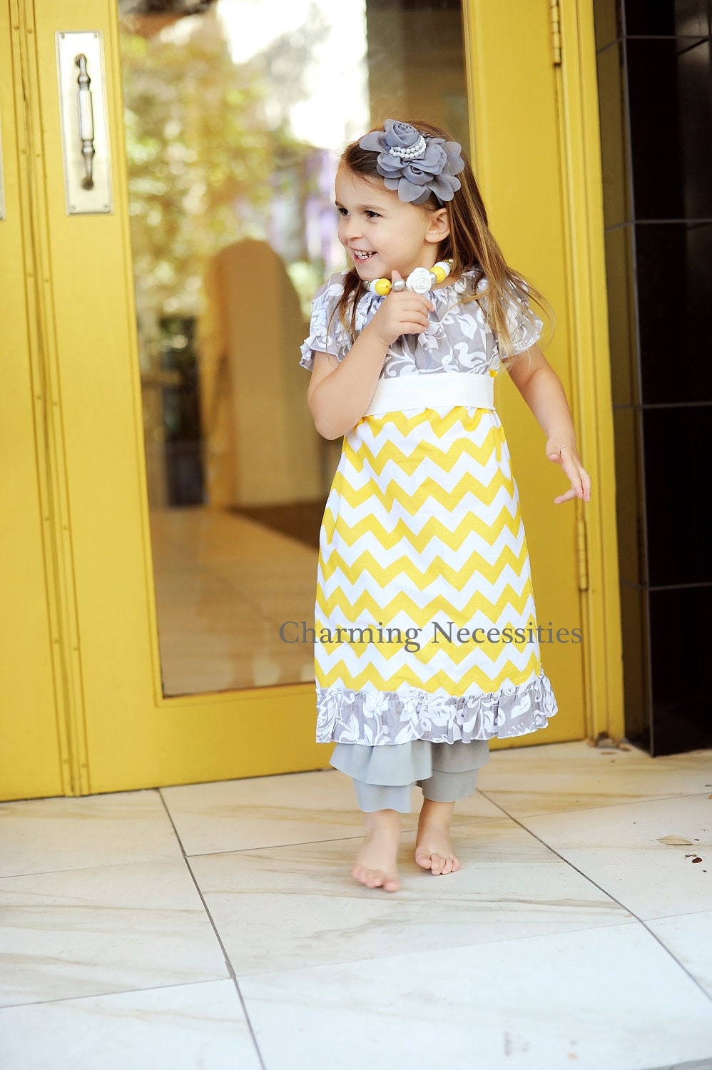Chevron Girls Peasant Dress with Ruffles in You Are My Sunshine Summer