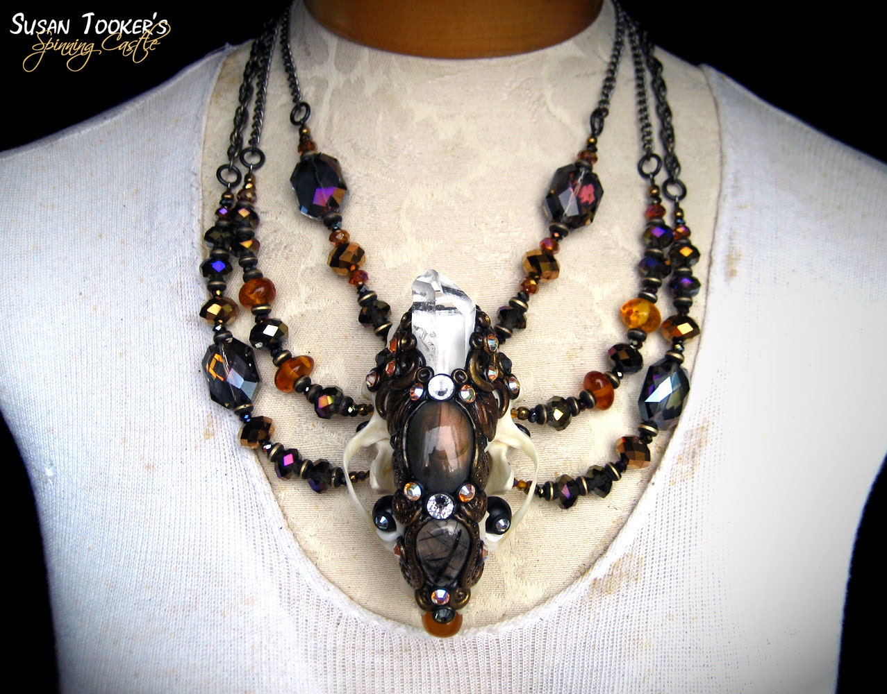 Skull Necklace Pagan Tribal Amulet Skunk Totem Labradorite Tourmalated Quartz Amber Agate Wiccan Talisman VISION SENDER by Spinning Castle