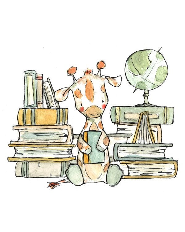 Childrens Art -- Bookish Giraffe 13x19 -- Art Print
