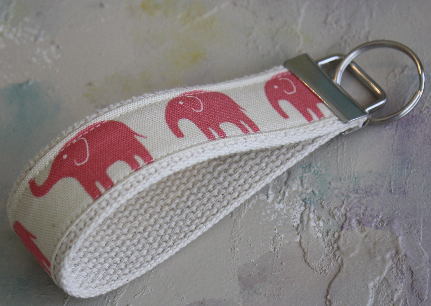 Fabric Wrist Key Chain / Key Fob / Fabric Keychain / Pink Elephant Walk