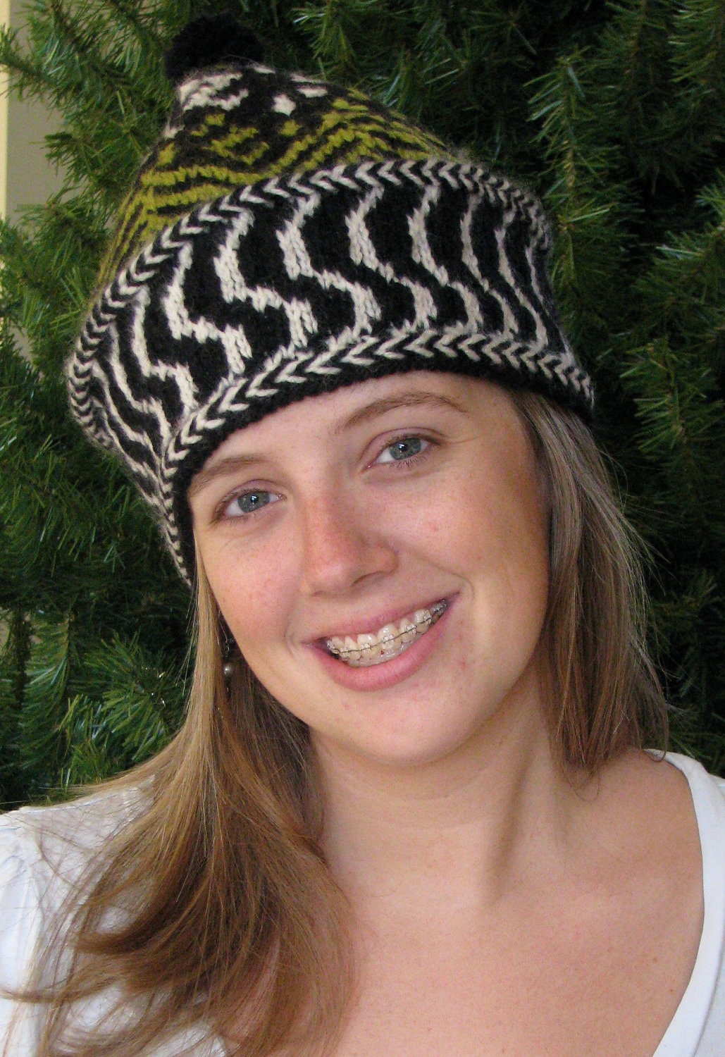 Black, white and green colorwork knit hat