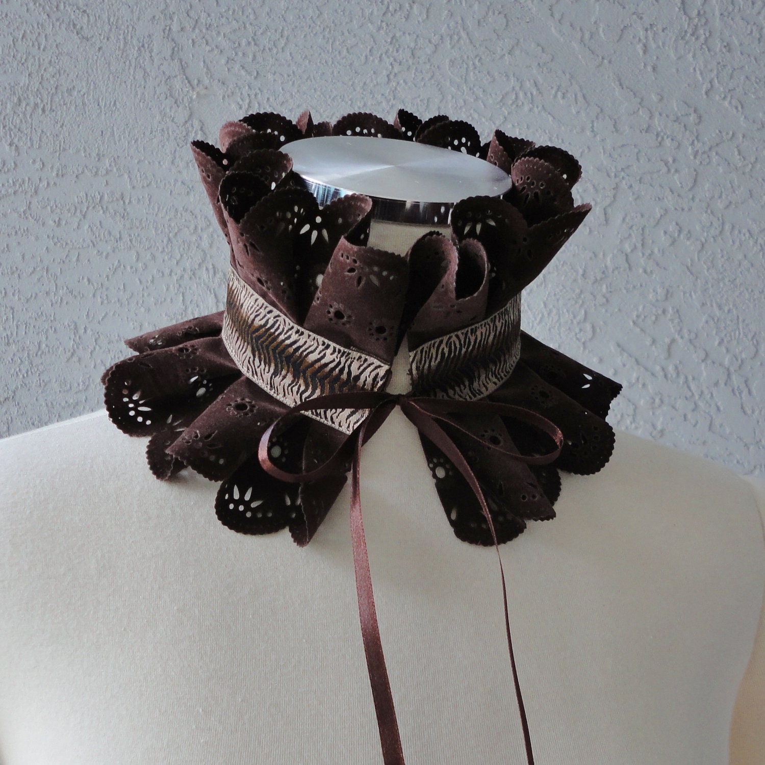 Victorian Inspired Dark Brown Faux Suede And  Ribbon Ruffle Collar Necklace Cowl Statement Piece