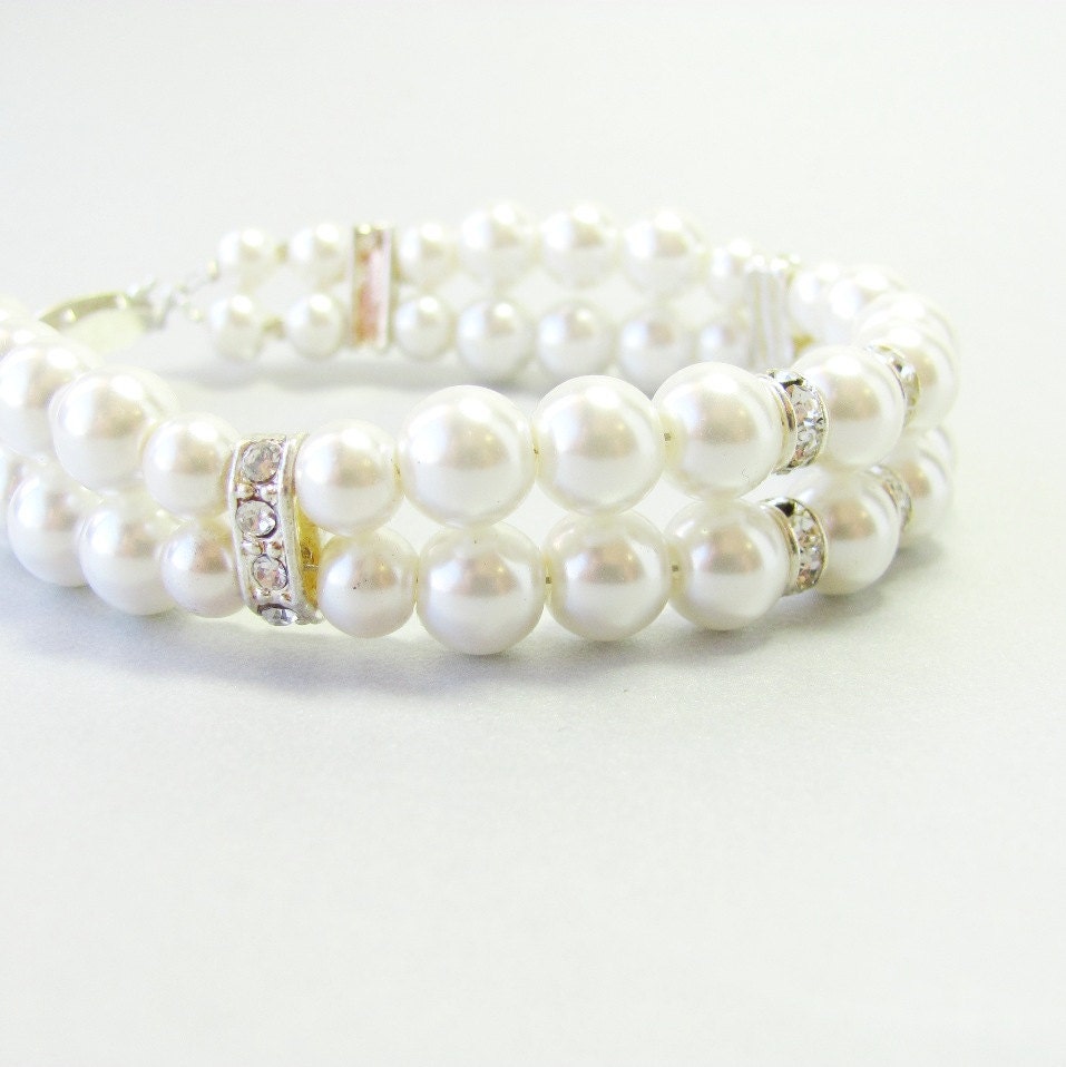 White Pearl and Rhinestone Bridal Bracelet, Double Strand Pearl Wedding Bracelet