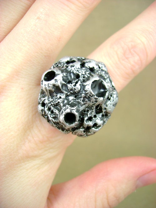 Cratered Moon Rock - Silver and Black - Adjustable Ring