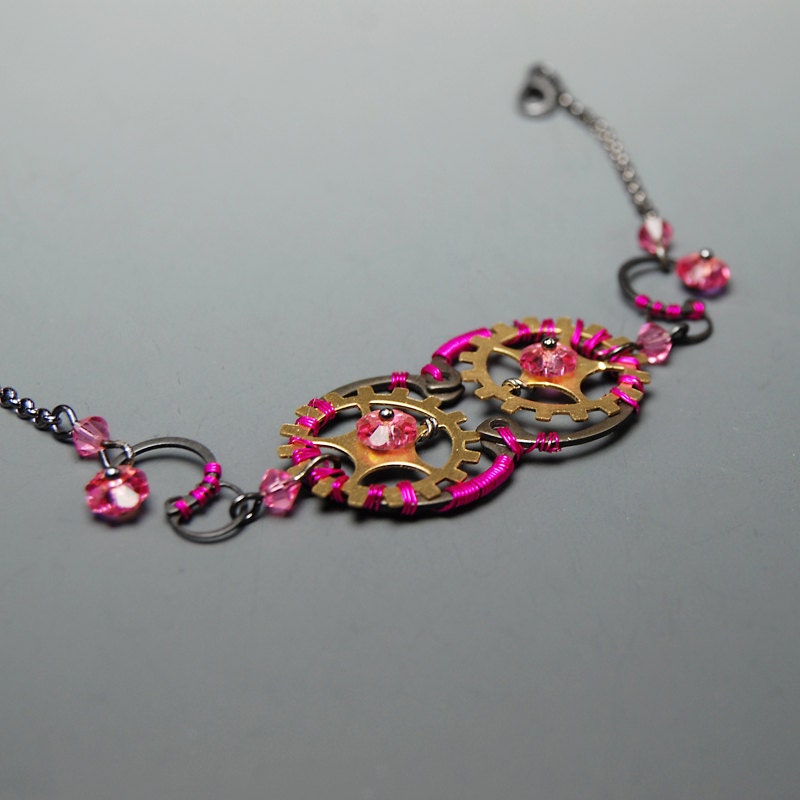 Eileithyia IV: Bold hot pink wire wrapped steampunk bracelet