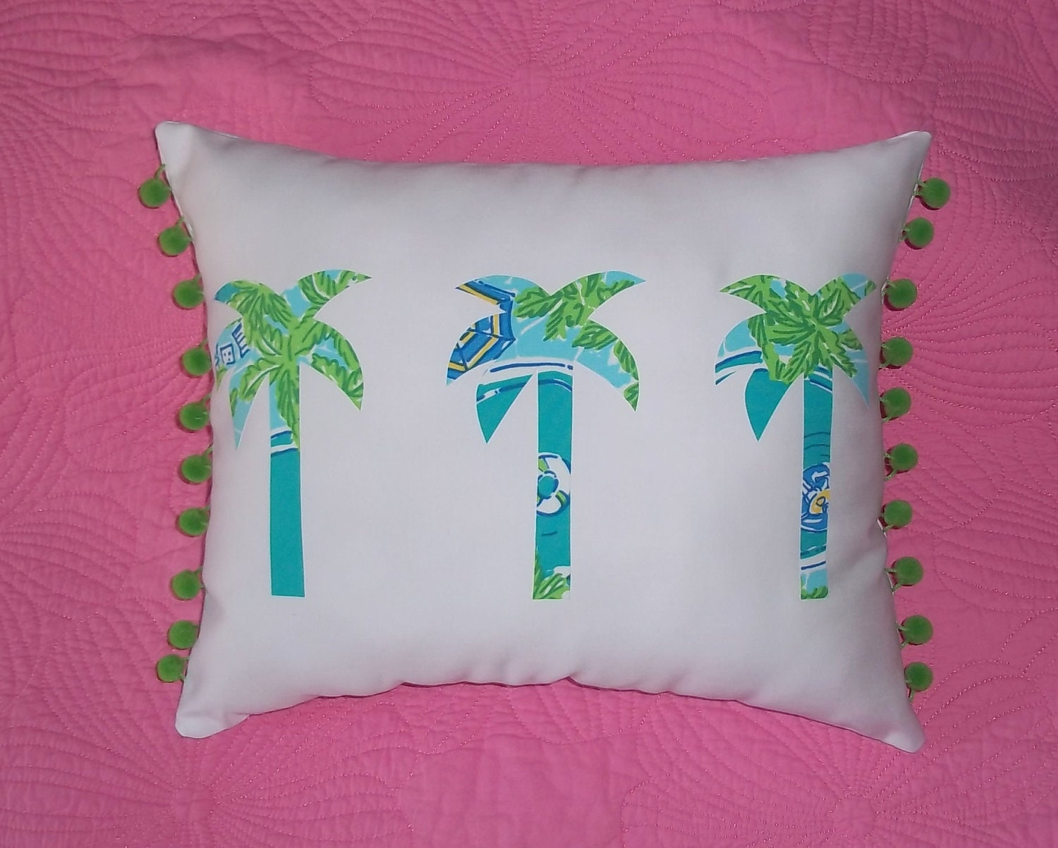 Made to Order pillow, New custom Palm Tree Trio Pillow made with Lilly Pulitzer Pool Party fabric