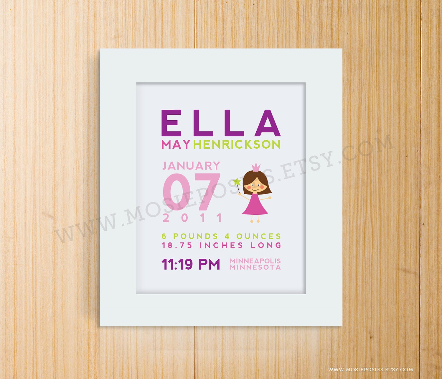 Custom Birth Announcement Print - Princess Nursery Wall Art