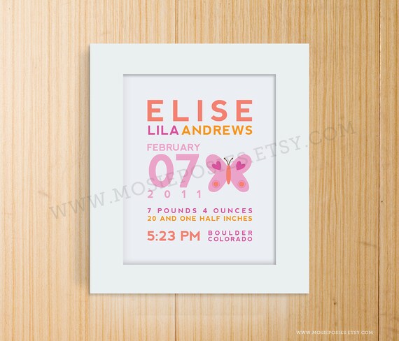 Custom Birth Announcement Print - BUTTERFLY Wall Art