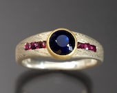 Mokumé Gane and Natural Sapphire Ring with Rubies