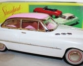 Mad Men Era, 1950s, Buick two door sedan ,Tin toy car & Box , Voiture ,Friction powered an sound effects toy car, Pink and White, unused