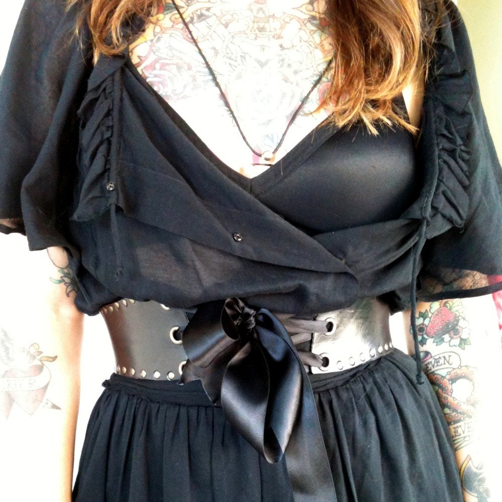 Studded Sweetheart......Antique Brass Studded Black Leather Ribbon Laced Belt