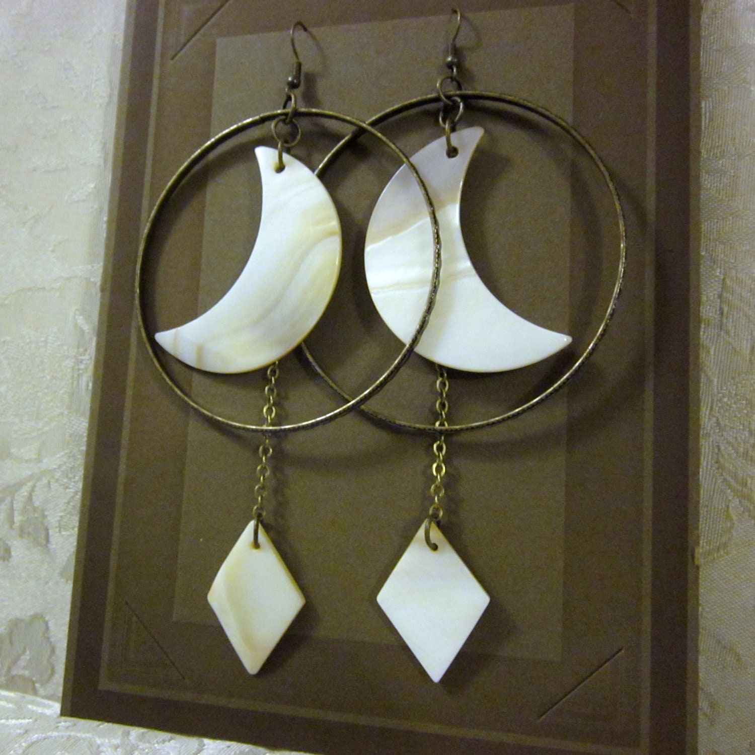 Mother Of Pearl Crescent Moon Shell Earrings Large Dangling Hoops