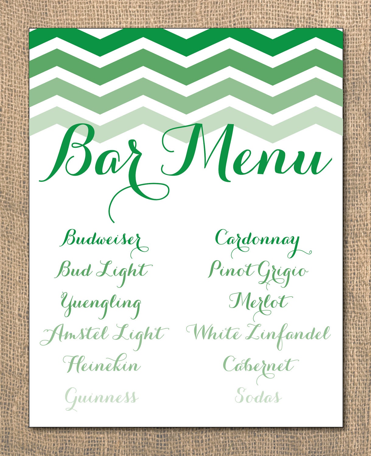 PRINTABLE - 11x14 or 8x10 Ombre Chevron Bar Menu