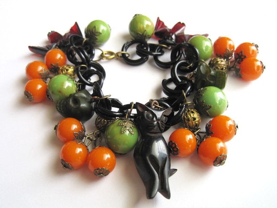 Vintage Celluloid and Bakelite Halloween Charm Bracelet