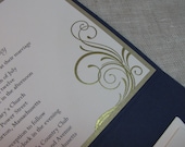 Navy Blue Pocketfold Wedding Invitations, Embossed Wedding Invites, Elegant, Modern
