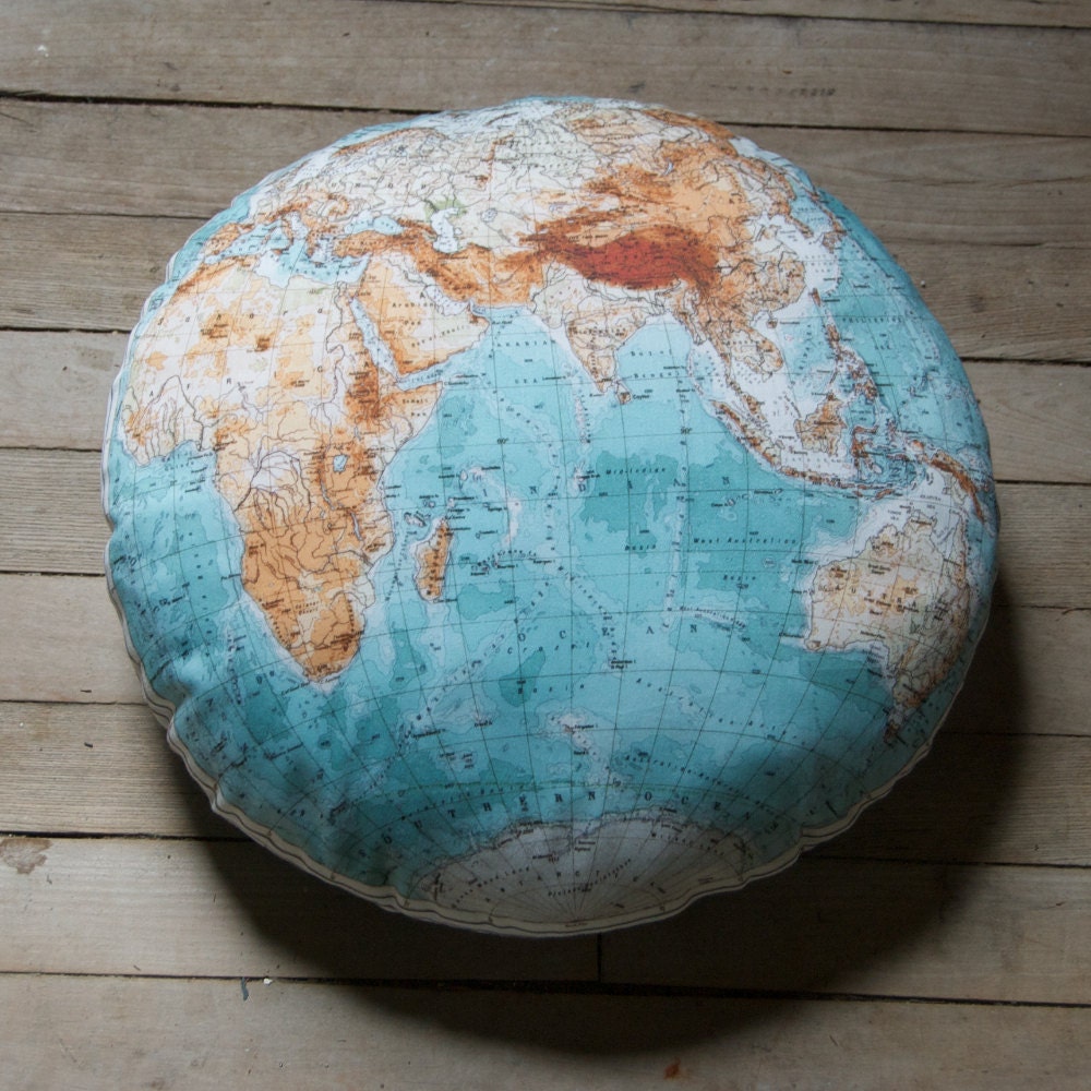 vintage GLOBE 14 inch round, organic cotton DIY map pillow kit, made to order, includes inner cushion