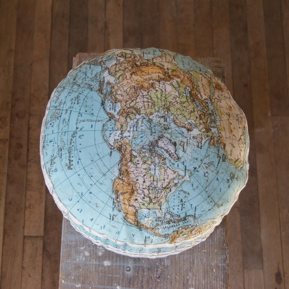GLOBE pillow DIY KIT, vintage style map, 14 inch round, organic cotton, made to order, no insert cushion