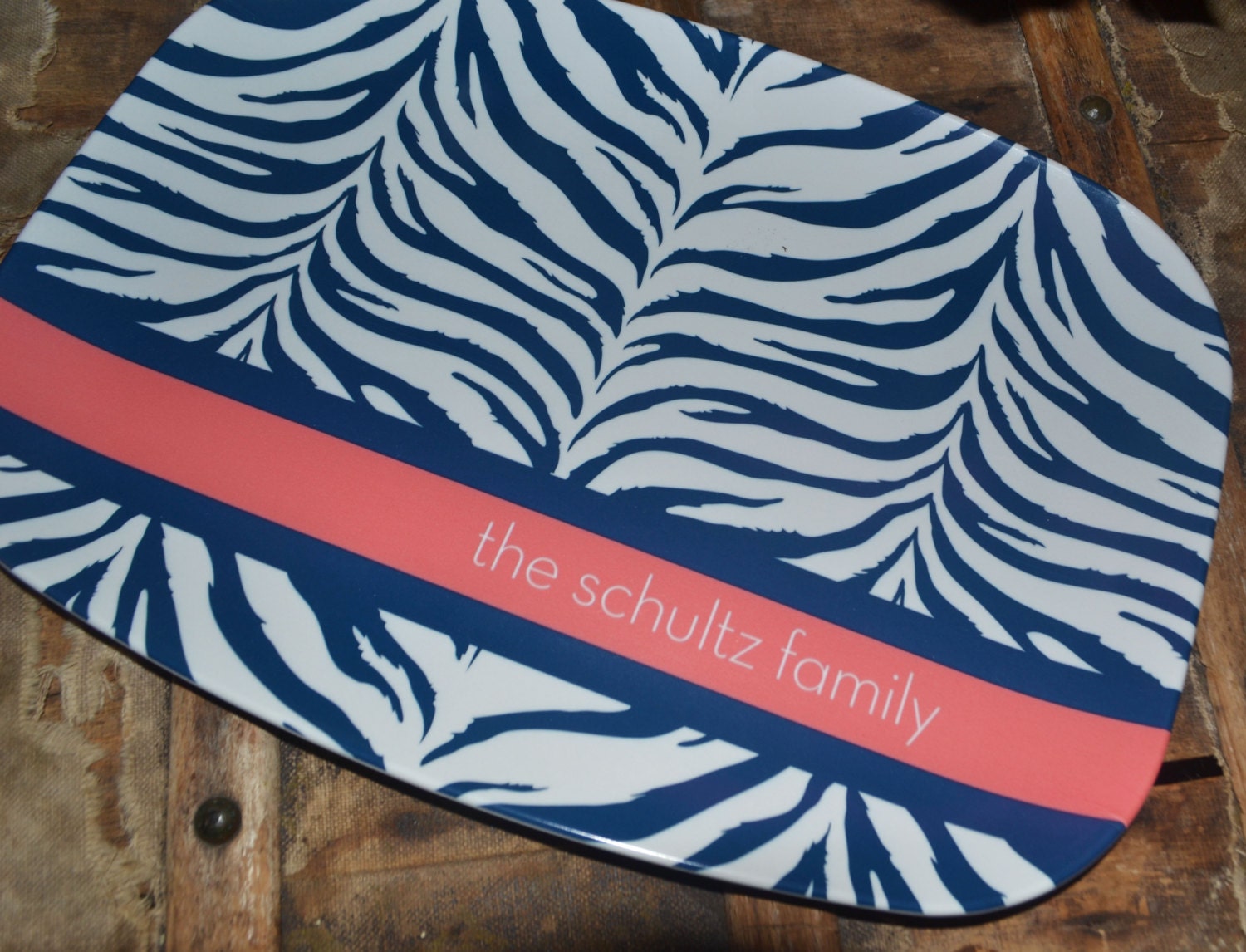 Personalized Melamine Platter Zebra with ribbon and name SALE