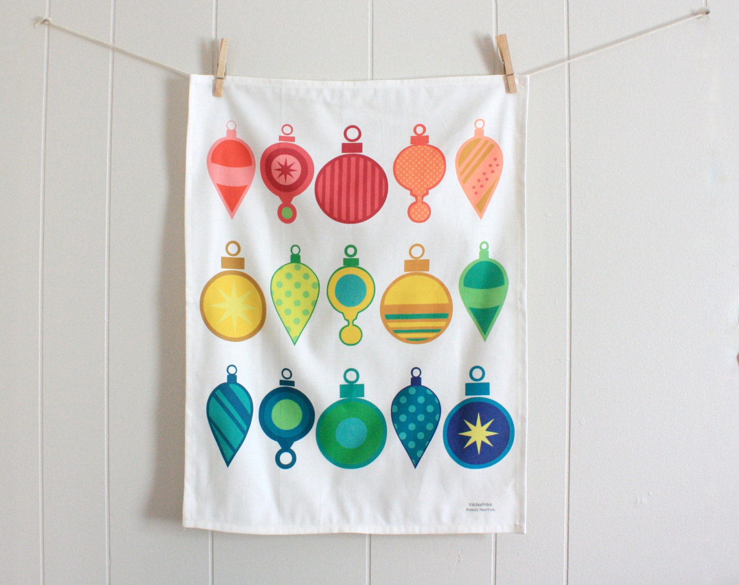 Multi-Colored Christmas Tree Ornaments - Linen Cotton blend Tea Towel18 x 24 inch - wickedmint