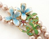 Statement necklace, Tiffany Blue flower statement necklace, vintage enamel flower brooch, blush rose pearl OOAK statement necklace