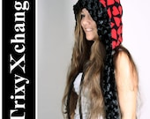 TRIXY XCHANGE - Red Heart Hoodie Black Fur Hat Animal Hat Fleece Snowboarding Hat Womens Girls Boys Ski Hat Thermal Warm Winter Wrap