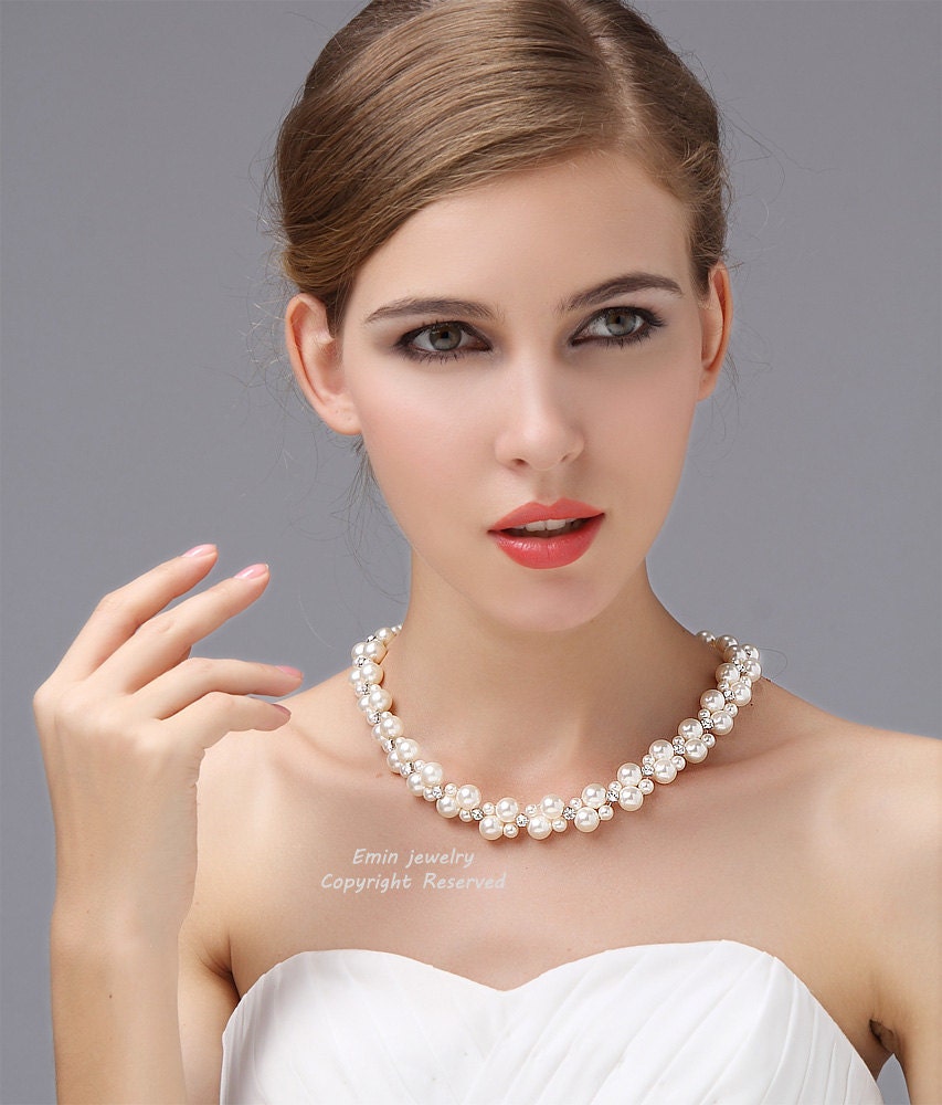 Wedding Necklace, Bridal Jewelry, Ivory White Pearls Bridal Necklace, Beaded Pearls Rhinestone Silver Necklace, Bridesmaids Brides Jewellery