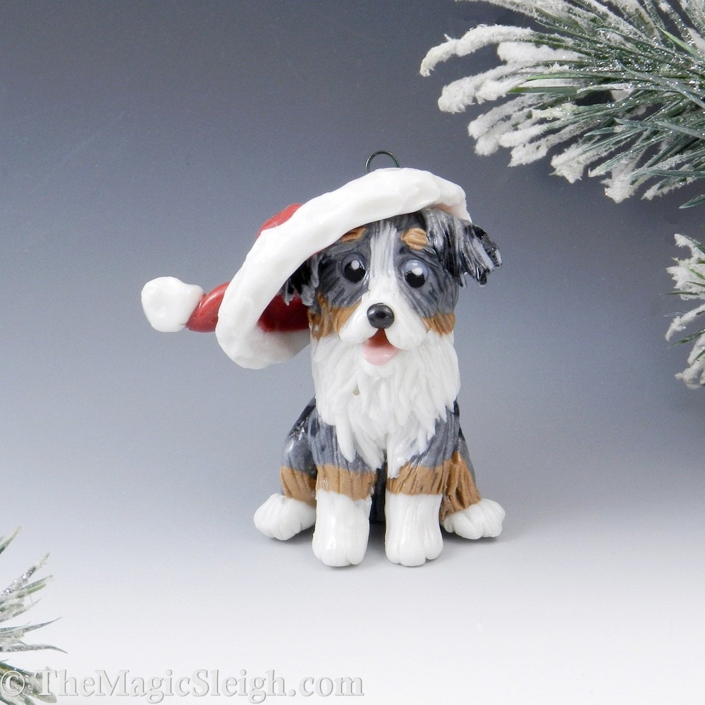 Australian Shepherd Ornament Santa Hat Porcelain