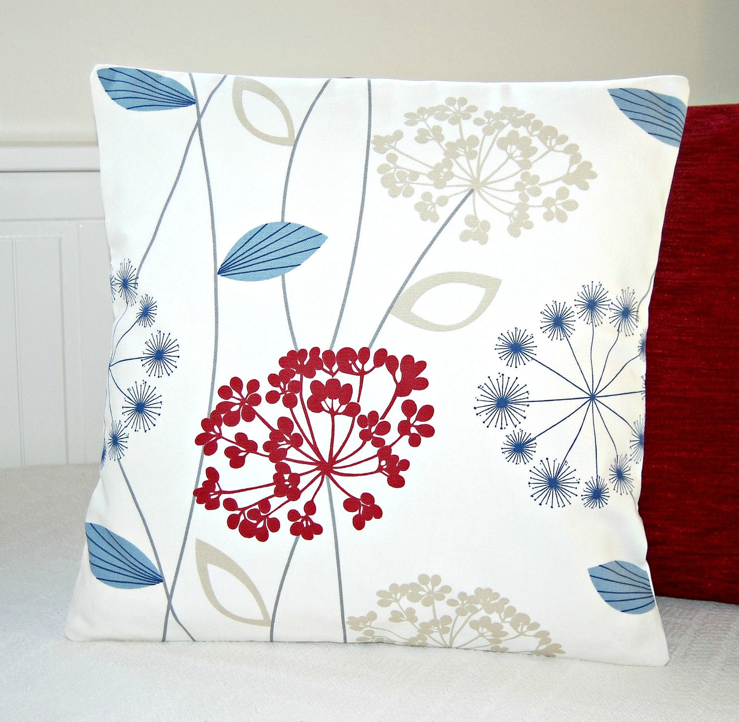 cushion cover blue beige red pillow cover, dandelion flower pillow cover 16 inch