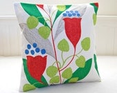 decorative pillow cover red flowers, lime green grey leaves, retro style cushion cover 16 inch