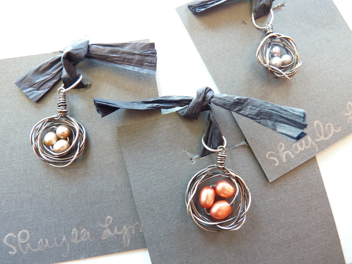 Organic Birds Nest Pendant or Charm with Freshwater pearls and Oxidized Sterling Silver
