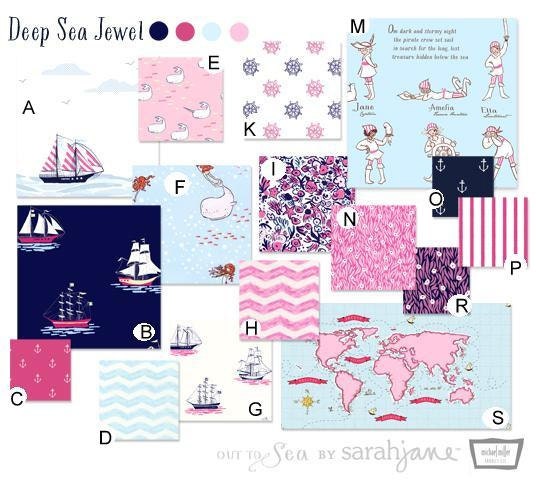 Custom Crib Bedding - Sarah Jane Out to Sea - Deep Sea Jewel - Navy Blue, Aqua and Pink