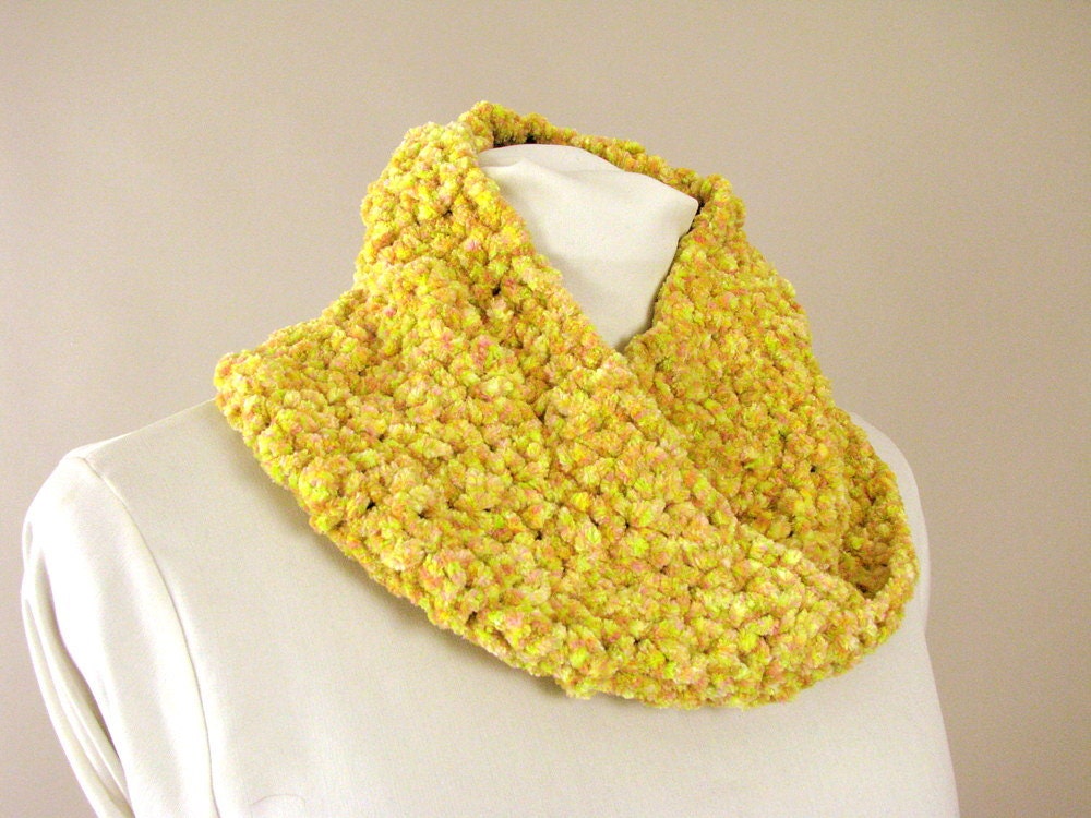 Handmade Yellow and Pink Chunky Chenille Infinity Cowl - Loop Scarf