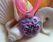 Swirls and Flowers Pink and White Heart Necklace Polymer