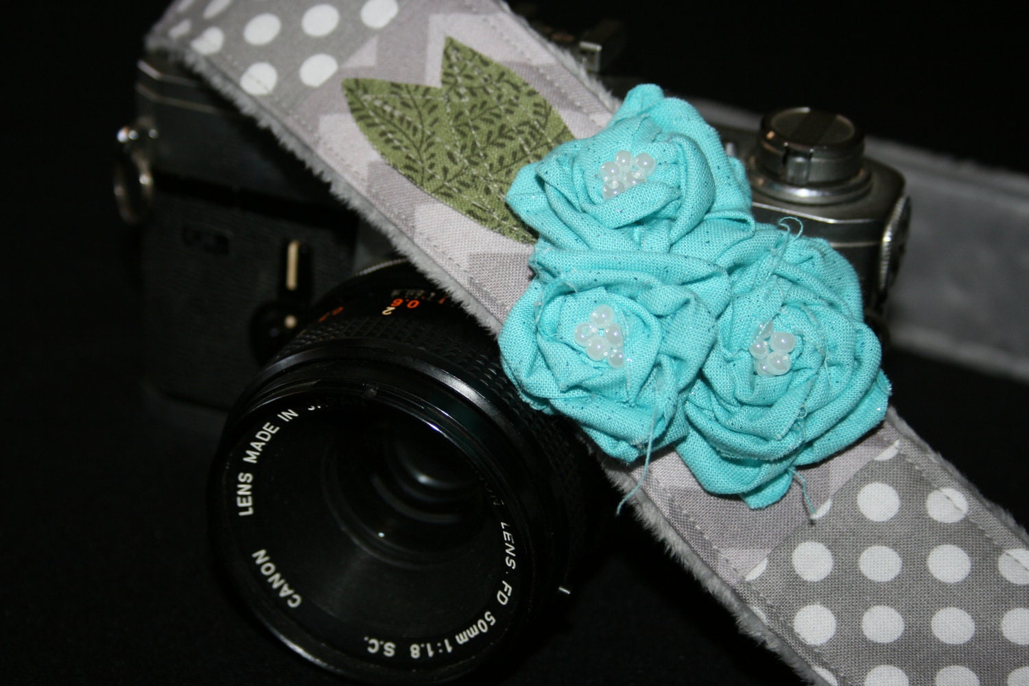 DLSR Camera Strap, Patchwork with Flower Detail and Quick Release Buckles - Dove Grey Chevron