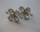 Vintage 1950s Shamrock Four Leaf Clover Clear Rhinestone Earrings Screw Backs Retro Era