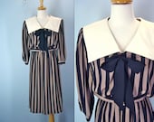 Secretary Dress / 1970s Nautical Striped Dress / med