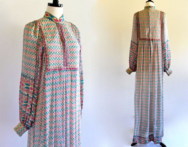 70s Boho Hippie Gypsy India Silk Saks Fifth Avenue Sheer Bib Poet Billowy Sleeve Maxi Dress . SML . L006 . 1013