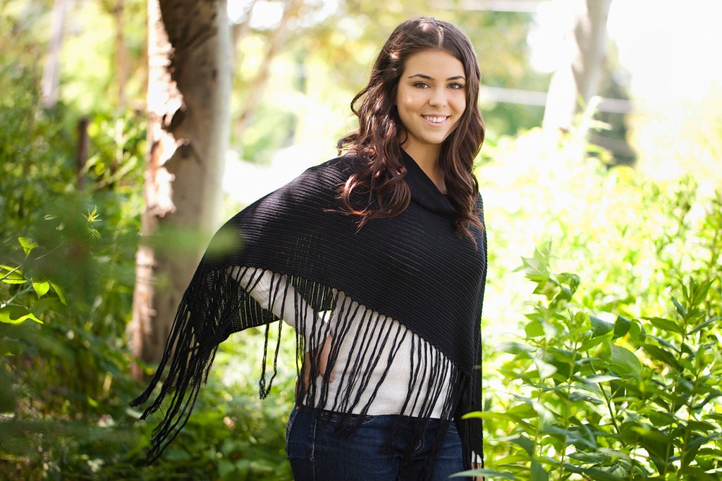 Black Cape Shawl Poncho with fringes - Bamboo Eco Friendly Fashion Knitting Accessories