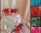Peacock Wedding Table Settings - Peacock Feathers - Champagne Glasses  - Cake Knife Set -  Red Black Peacock Weddings - Custom Colors