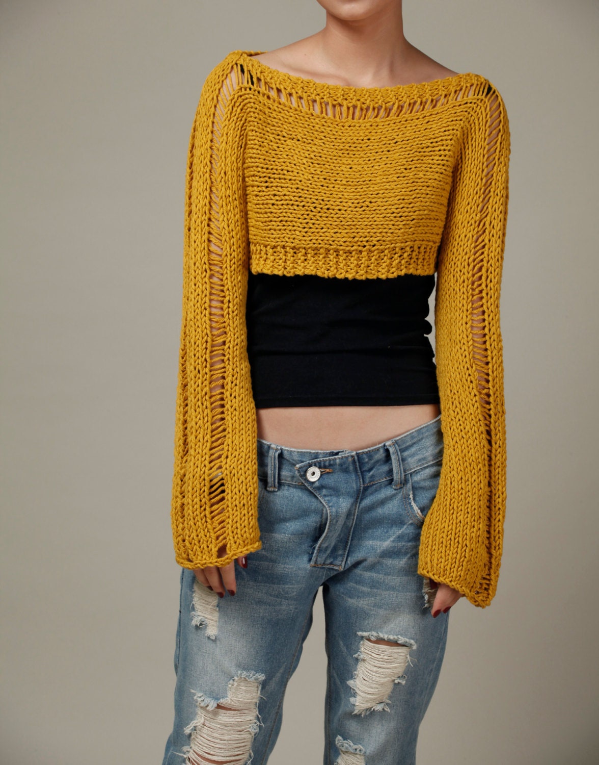 Hand Knit sweater - Little shrug, cover up top, scarf in Mustard Yellow